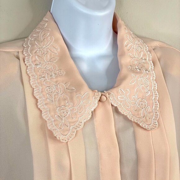 Vintage Romantic Pleated Embroidered Blouse Top 14 Pastel Peach Dainty Sweet - Picture 3 of 16